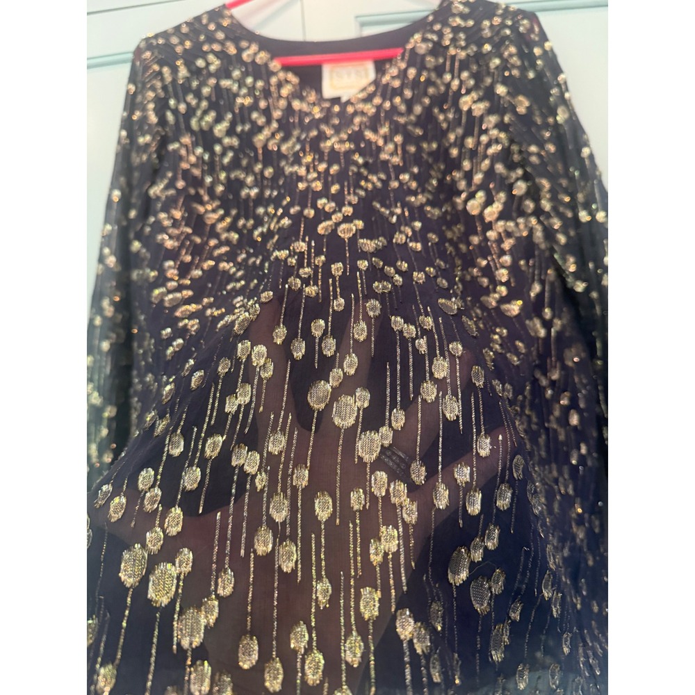 Sail to Sable STS Navy Gold Metallic Blouse Smocked Poet Cuff S heritage silk - Picture 3 of 9